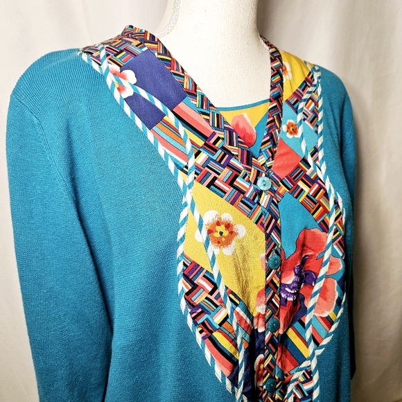 🛑 Vintage Koos of Course! 2-Piece Womens Turquoise Cardigan & Silk Shell Top L - Picture 4 of 10